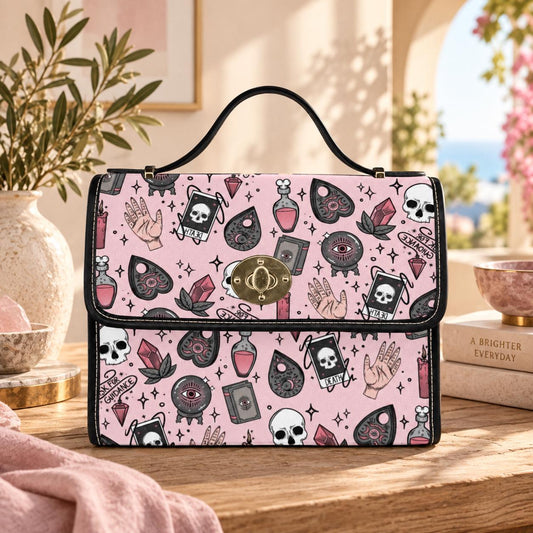 Pink witch purse, spooky pastel handbag, structured kawaii satchel