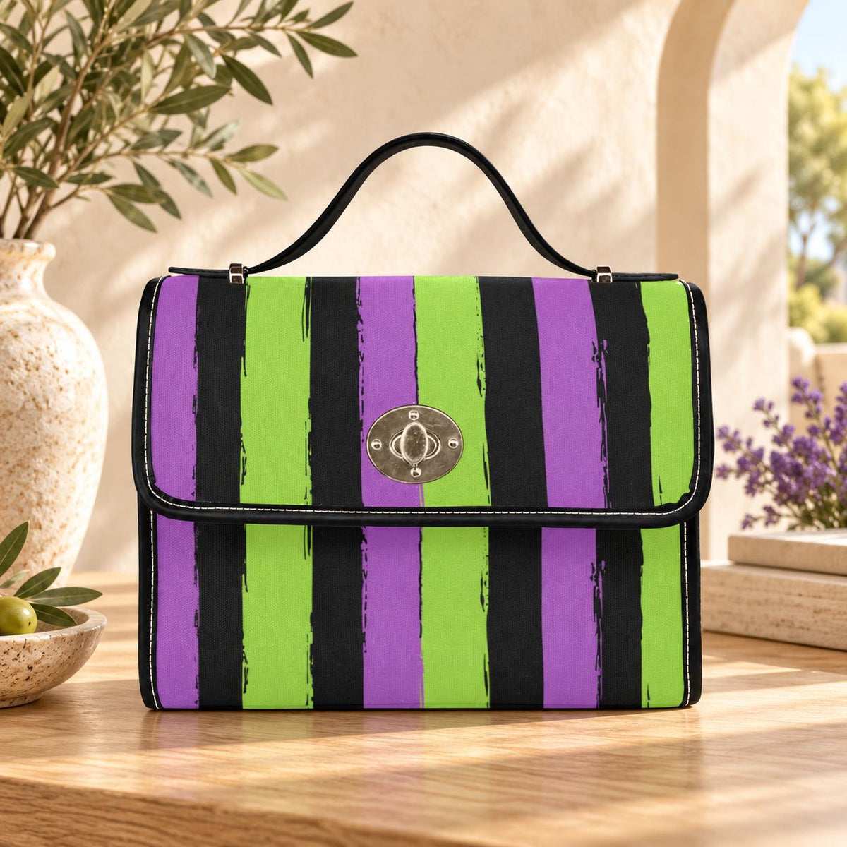Halloween satchel purse, purple green striped handbag, gothic top handle bag