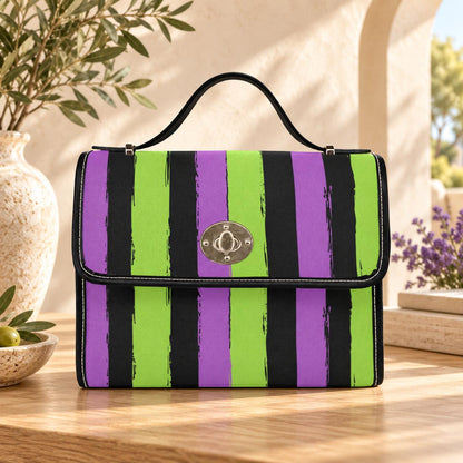 Halloween satchel purse, purple green striped handbag, gothic top handle bag
