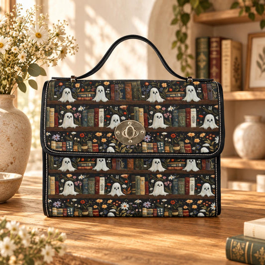 Ghost library satchel, spooky book print crossbody bag, witchy academia purse