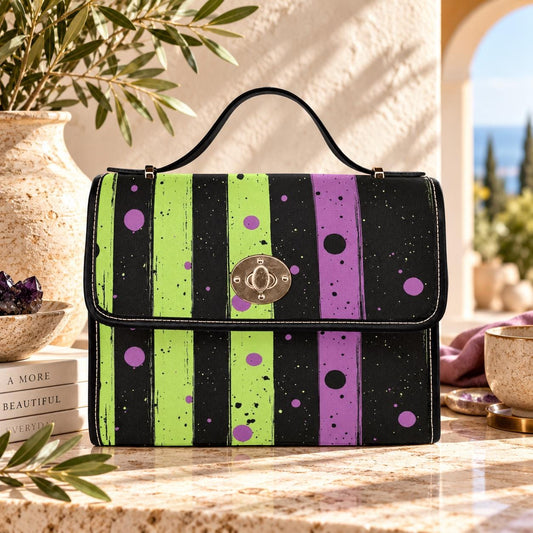 Spooky striped handbag, Lime green and purple purse, Halloween splatter print bag