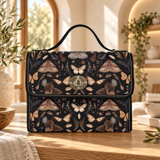 Moth Print Top Handle Bag, Dark Academia Satchel Purse, Celestial Nature Handbag