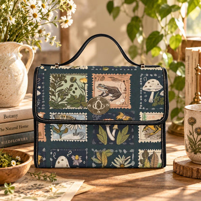 Cottagecore Satchel Bag, Vintage Stamp Print Crossbody Purse with Frog Mushroom Botanical Print