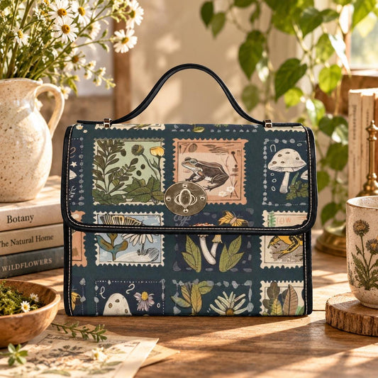 Crossbody Bag, Frog Botanical Purse, Dark Academia Stamp Print Satchel