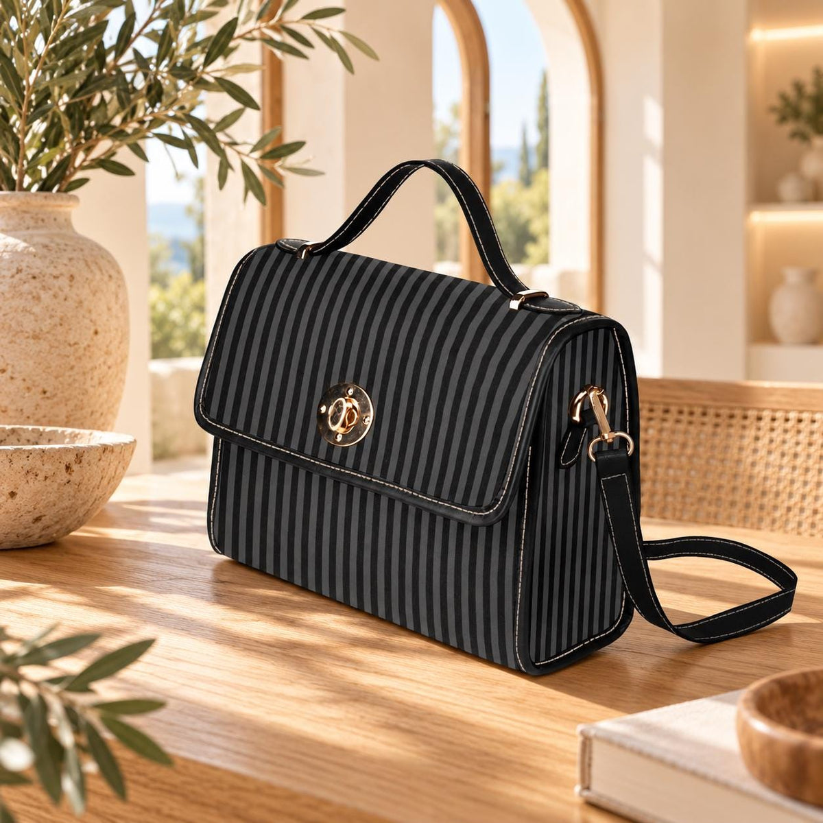 Black Stripe Satchel Bag, Minimalist Top Handle Purse, Tailored Monochrome Handbag