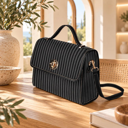 Black Stripe Satchel Bag, Minimalist Top Handle Purse, Tailored Monochrome Handbag