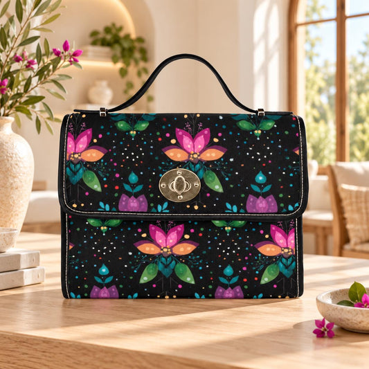 Botanical Crossbody Purse, Black Top Handle Satchel, Colorful Evening Handbag