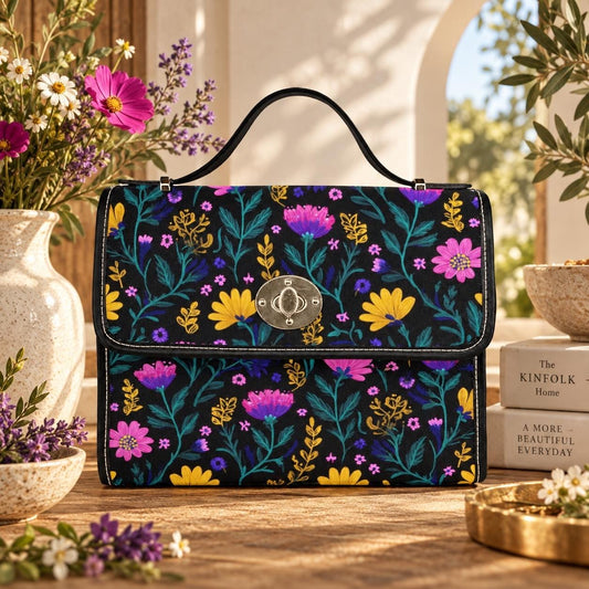 Dark Floral Crossbody Bag, Boho Wildflower Vegan Leather Strap Tote