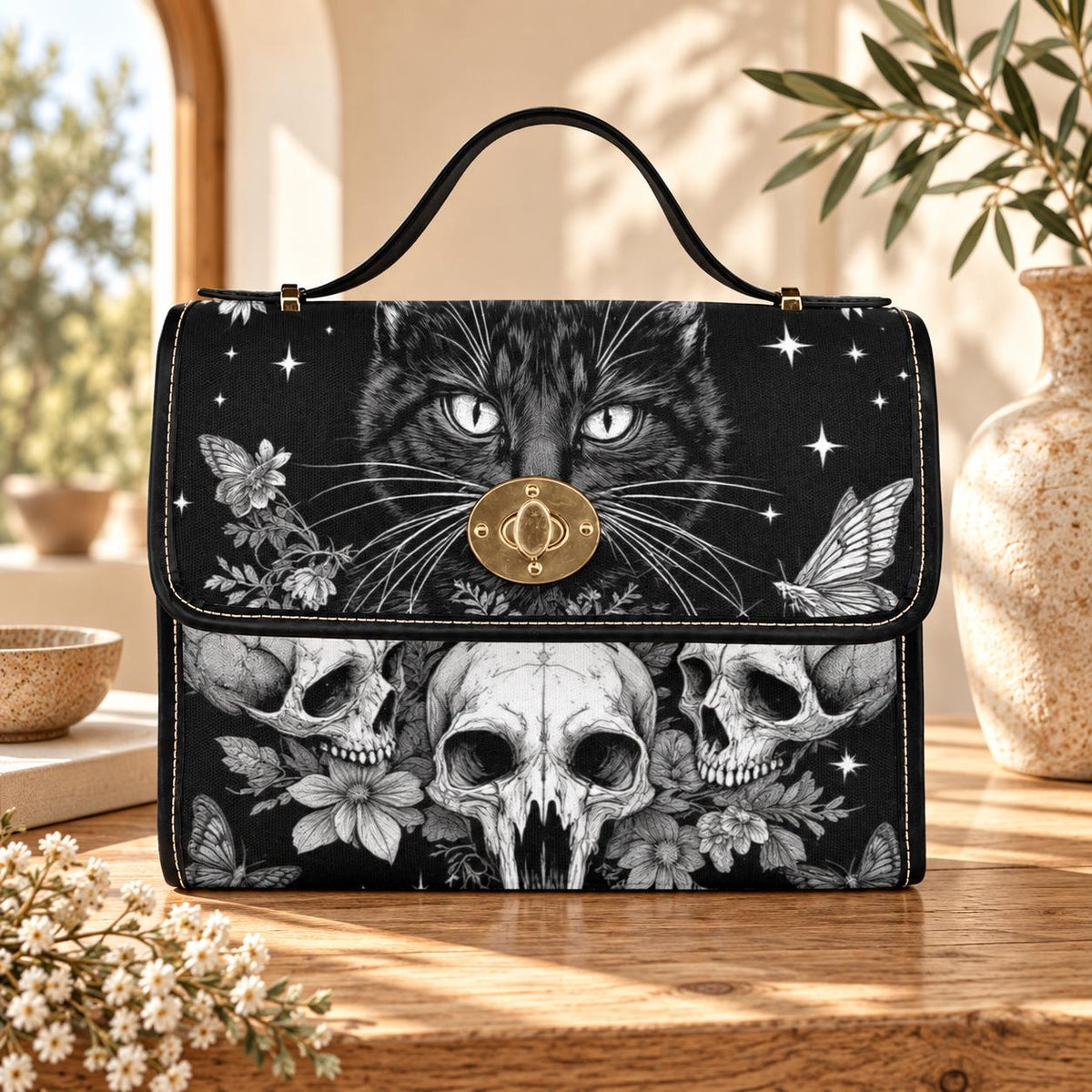Black Cat Skull Purse, Gothic Moth and Star Satchel Bag, White Flower Vegan Handbag with Gold Turn Lock for Witchy Everyday Carry