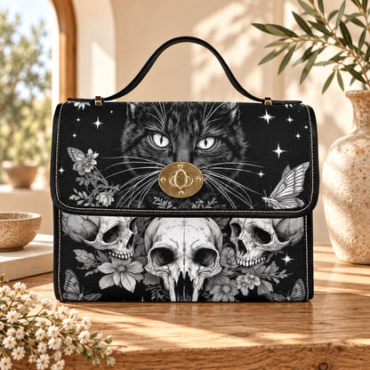 Black Cat Skull Purse, Gothic Moth and Star Satchel Bag, White Flower Vegan Handbag with Gold Turn Lock for Witchy Everyday Carry
