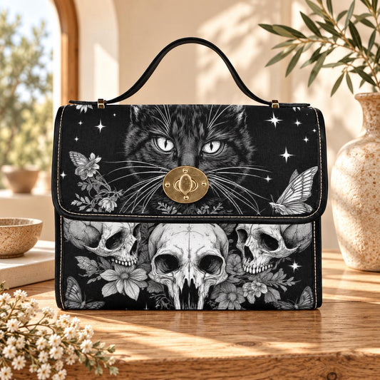 Occult Cat Skull Bag, Dark Witchy Crossbody Purse, Gothic Kitty Shoulder Tote