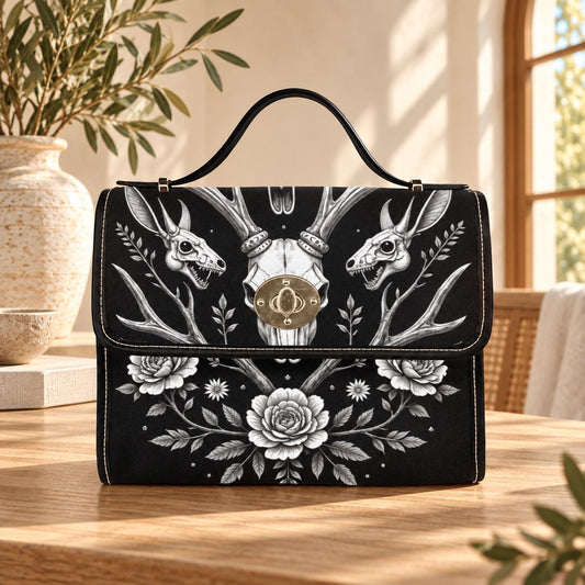 Gothic Deer Skull Satchel, Dark Floral Antler Handbag, Witchcore Evening Bag