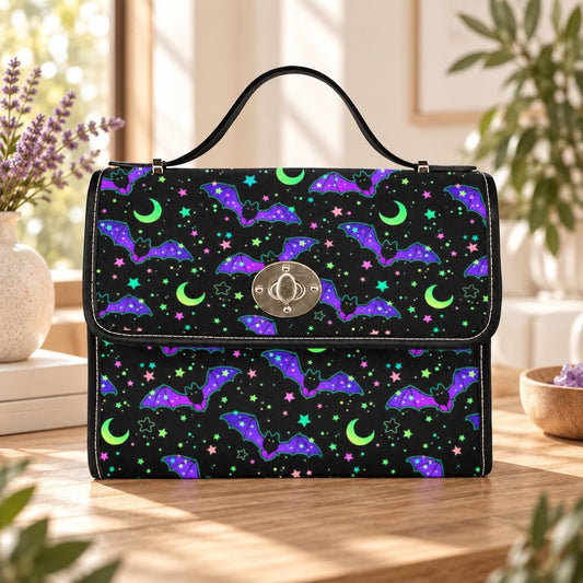 Neon Bat Print Satchel, Spooky Halloween Top Handle Bag, Purple Green Goth Purse