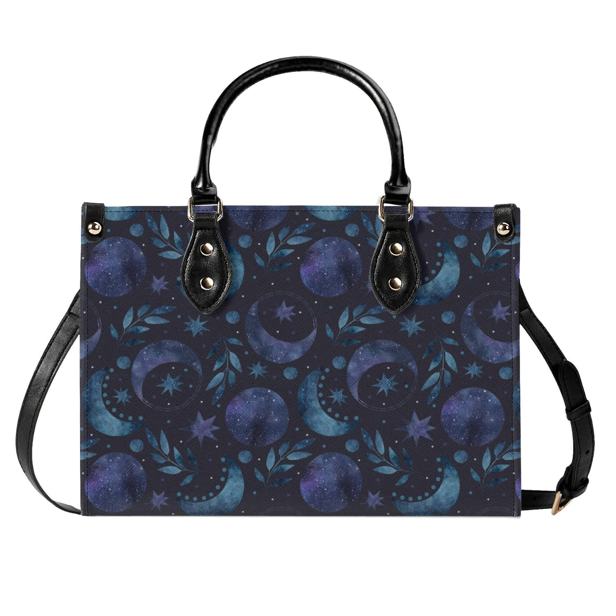 Celestial Crescent Moon Handbag with Blue Stars and Crossbody Strap