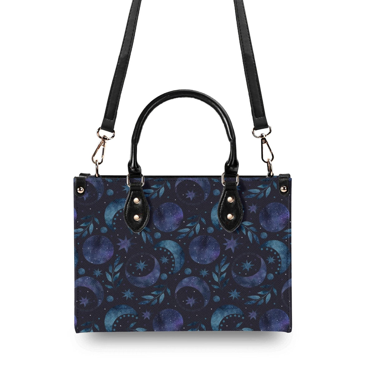 Celestial Crescent Moon Handbag with Blue Stars and Crossbody Strap