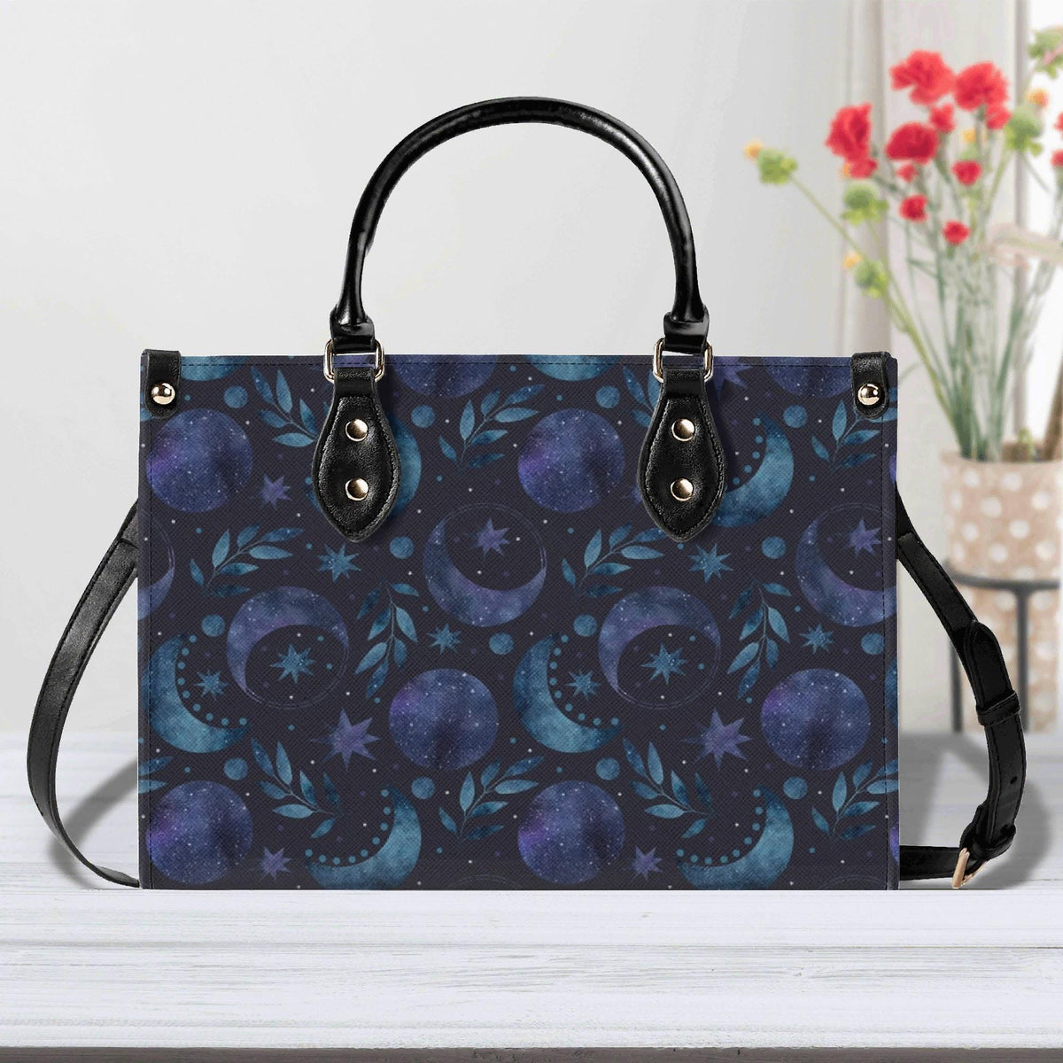 Celestial Crescent Moon Handbag with Blue Stars and Crossbody Strap