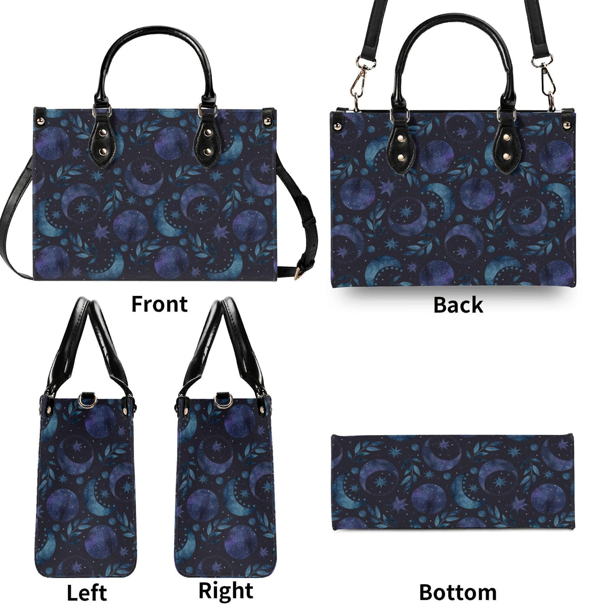 Celestial Crescent Moon Handbag with Blue Stars and Crossbody Strap