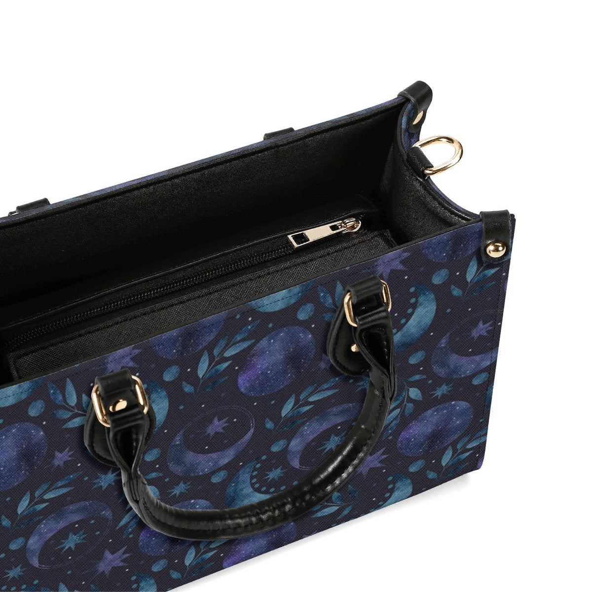 Celestial Crescent Moon Handbag with Blue Stars and Crossbody Strap