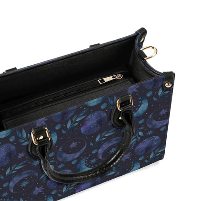 Celestial Crescent Moon Handbag with Blue Stars and Crossbody Strap