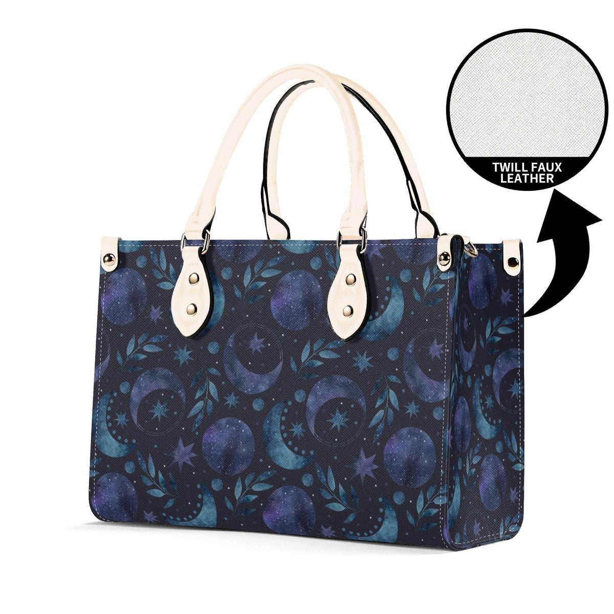 Celestial Crescent Moon Handbag with Blue Stars and Crossbody Strap