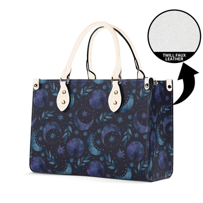 Celestial Crescent Moon Handbag with Blue Stars and Crossbody Strap