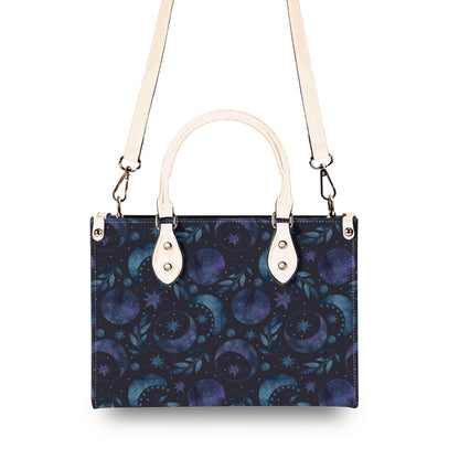 Celestial Crescent Moon Handbag with Blue Stars and Crossbody Strap