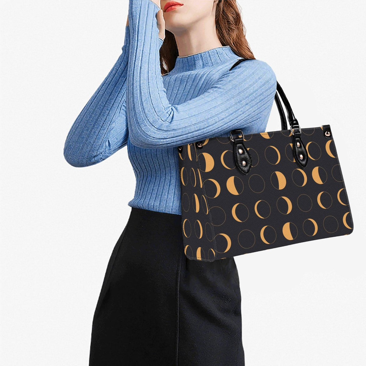 Moon Phase Handbag with Warm Gold Crescents and Crossbody Strap