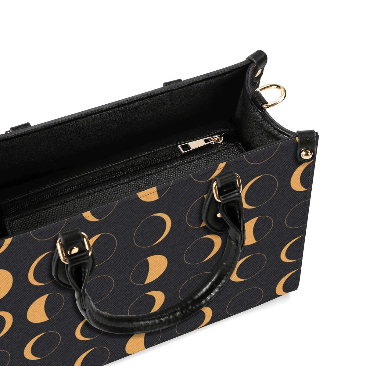 Moon Phase Handbag with Warm Gold Crescents and Crossbody Strap