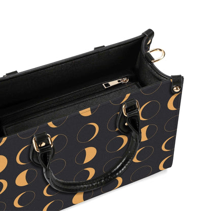 Moon Phase Handbag with Warm Gold Crescents and Crossbody Strap