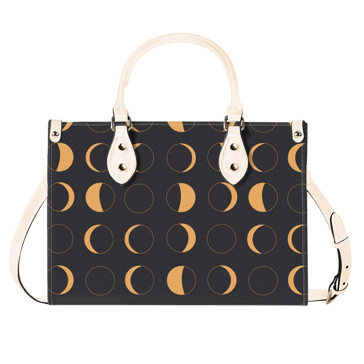 Moon Phase Handbag with Warm Gold Crescents and Crossbody Strap