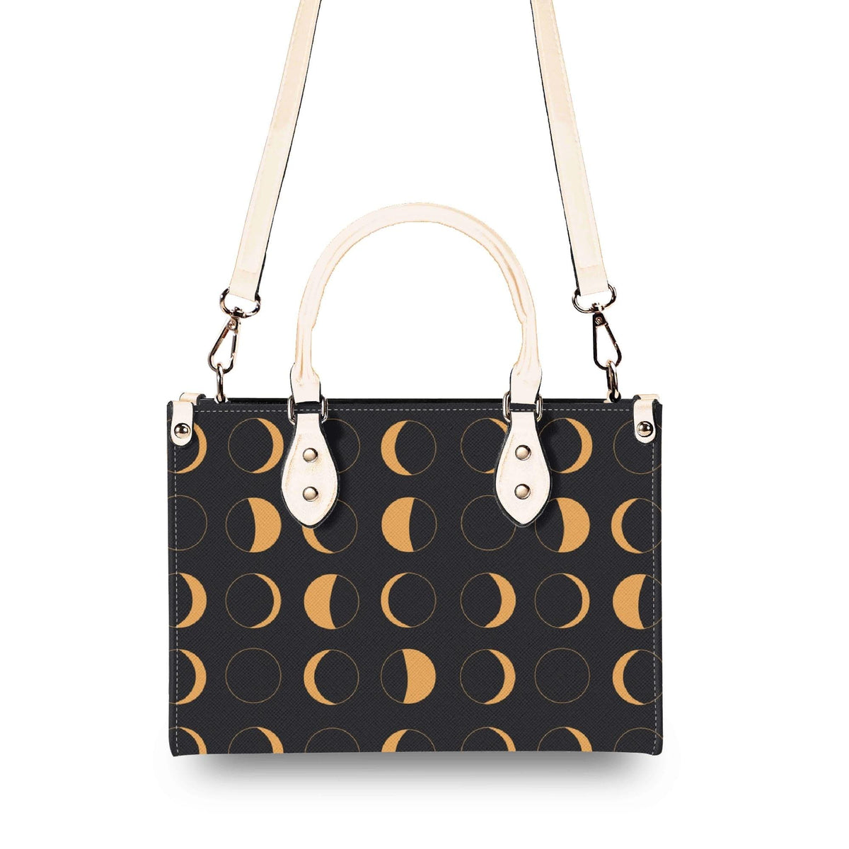 Moon Phase Handbag with Warm Gold Crescents and Crossbody Strap
