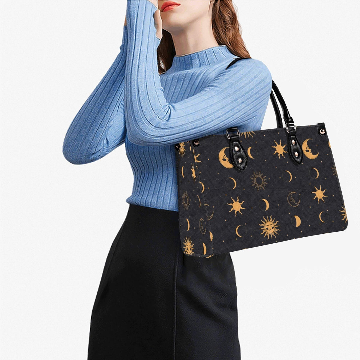 Celestial Sun and Moon Handbag with Top Handles and Crossbody Strap