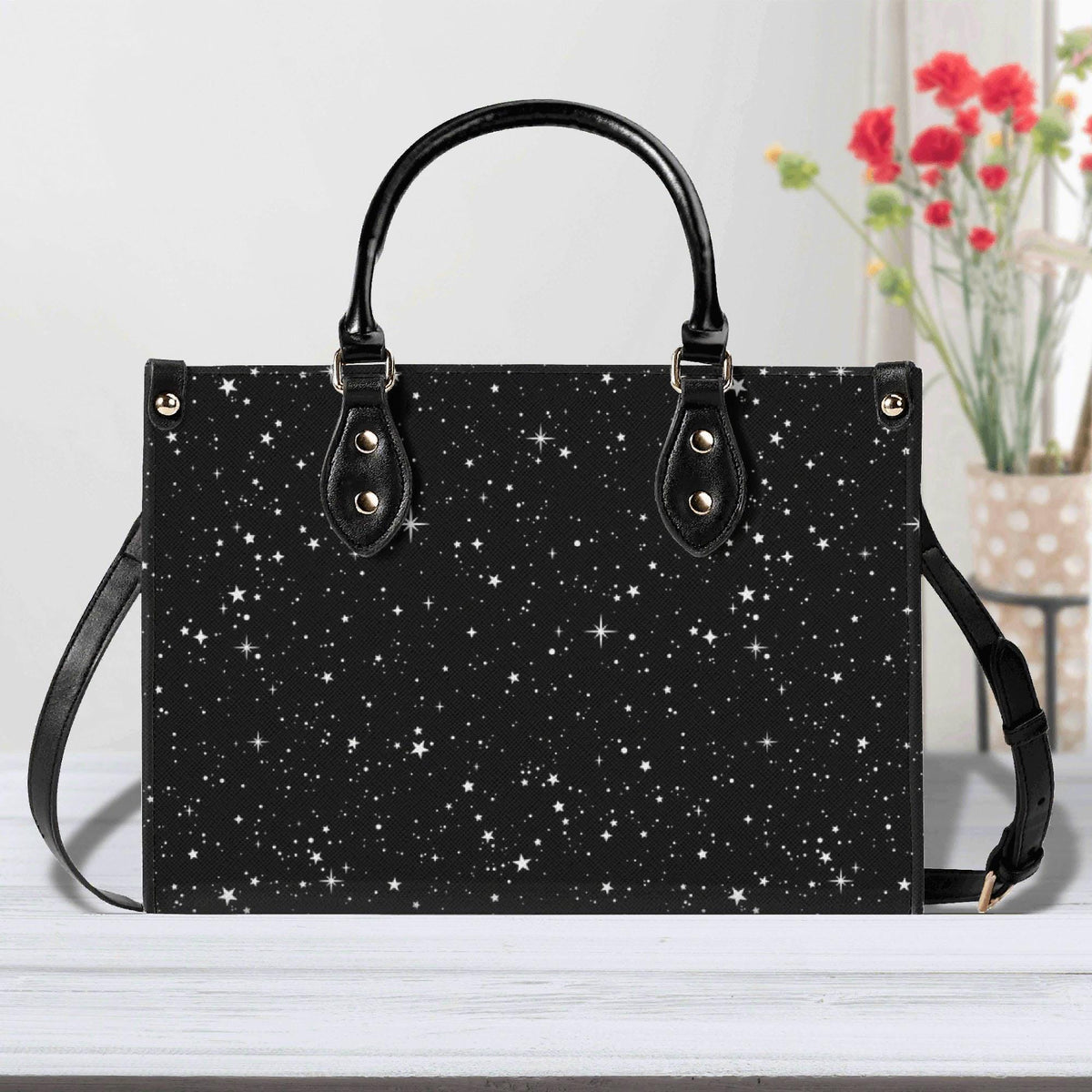 Starry Night Handbag, Black Celestial Crossbody Bag With Silver Stars