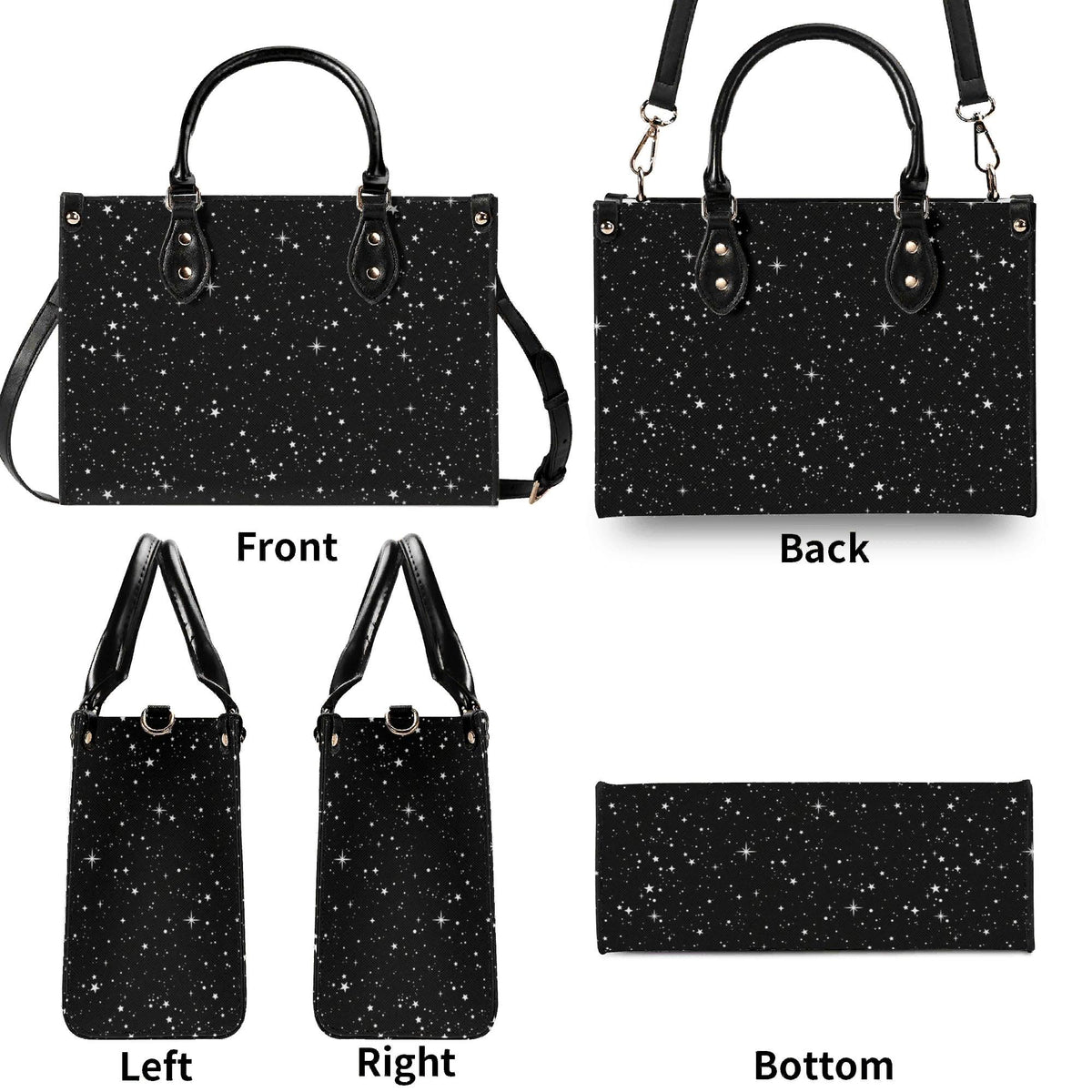 Starry Night Handbag, Black Celestial Crossbody Bag With Silver Stars