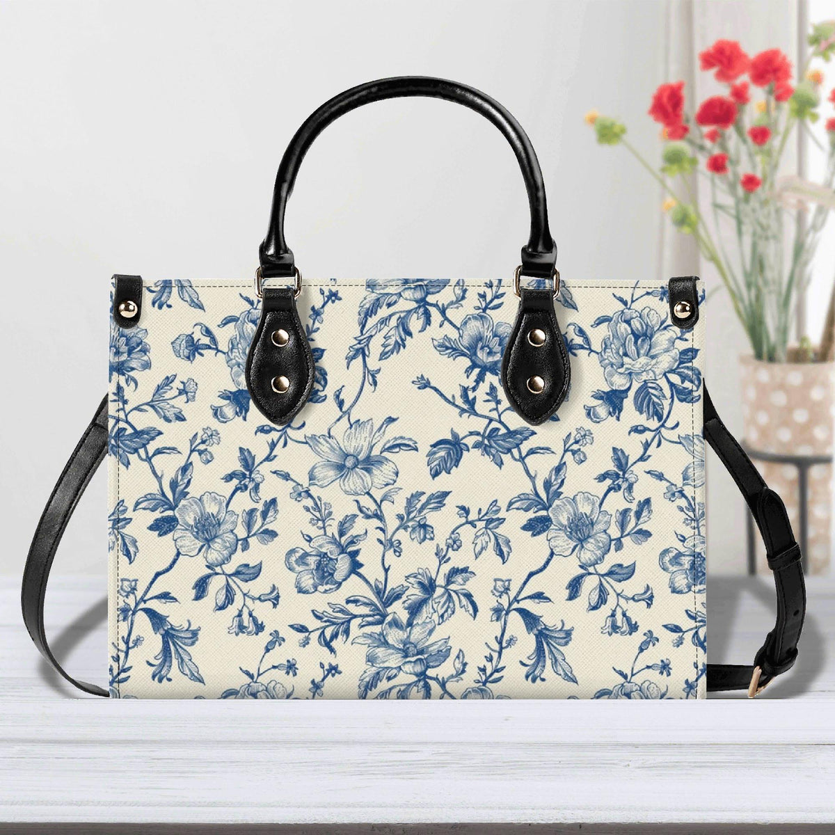 Chinoiserie Floral Vine Top Handle Crossbody Bag, Cobalt Blue Botanical Purse