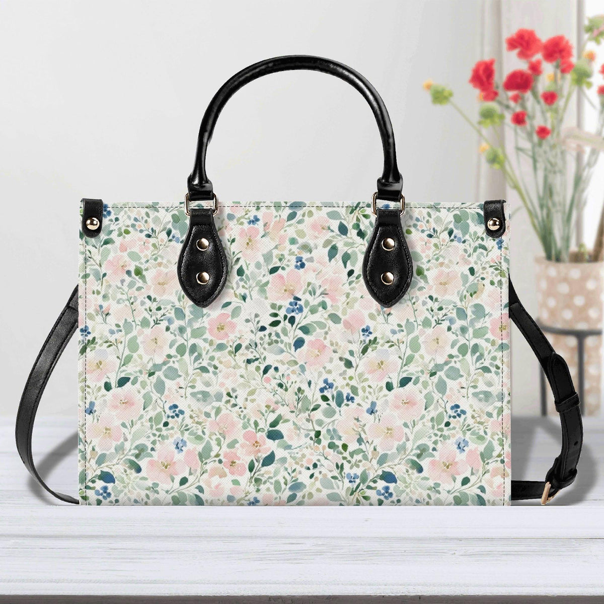 Romantic Floral Top Handle Handbag with Blush Blossoms and Crossbody Strap