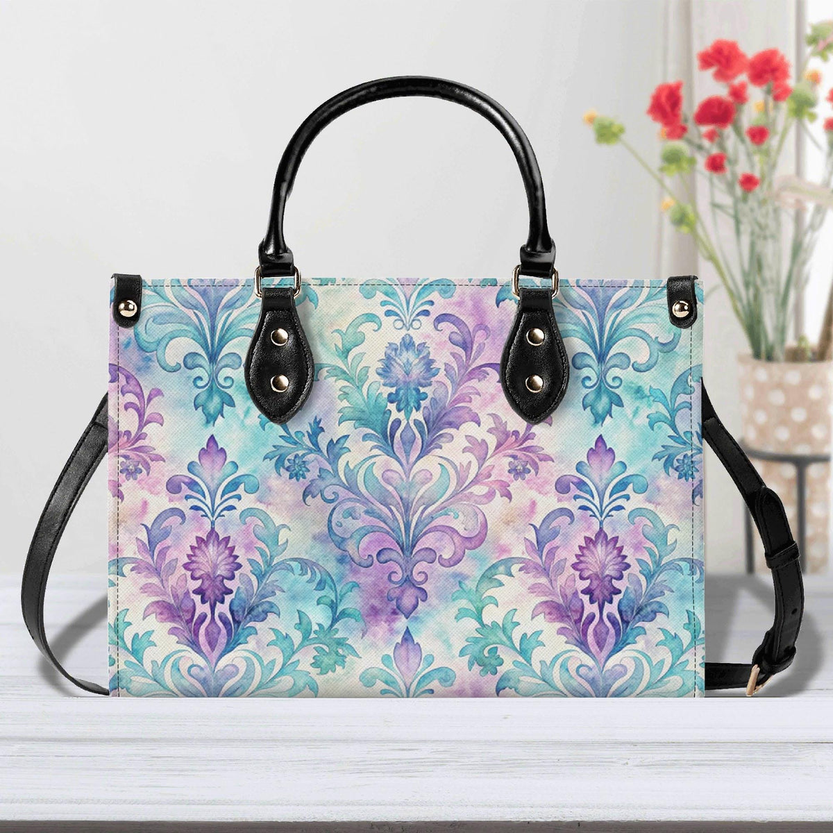 Ornate Damask Bag, Pastel Lavender Turquoise Top Handle Crossbody Purse