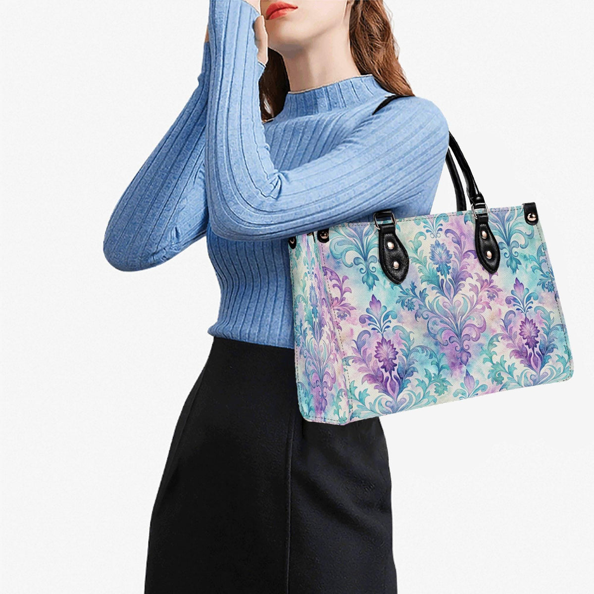 Ornate Damask Bag, Pastel Lavender Turquoise Top Handle Crossbody Purse