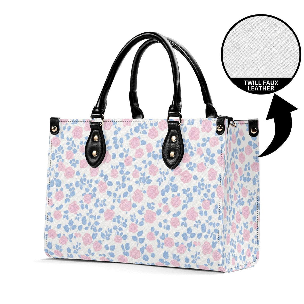 Romantic Ditsy Floral Handbag with Pink and Blue Blossoms and Crossbody Strap