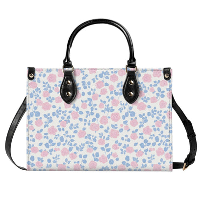 Romantic Ditsy Floral Handbag with Pink and Blue Blossoms and Crossbody Strap