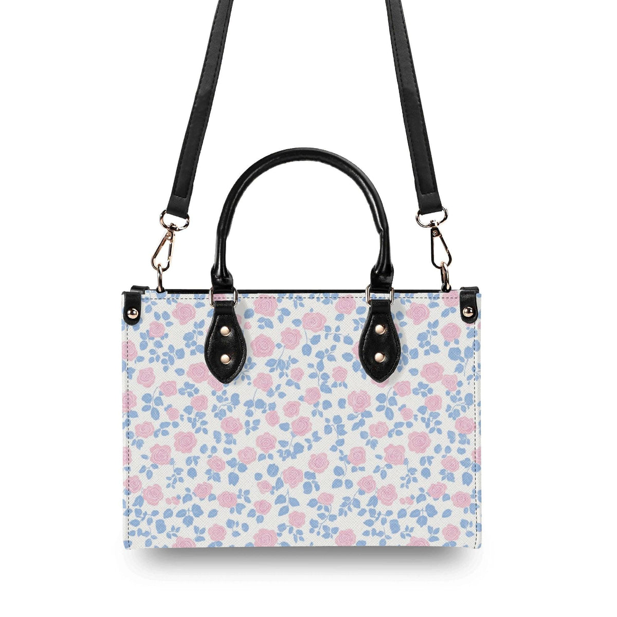 Romantic Ditsy Floral Handbag with Pink and Blue Blossoms and Crossbody Strap