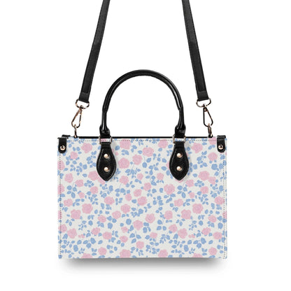 Romantic Ditsy Floral Handbag with Pink and Blue Blossoms and Crossbody Strap