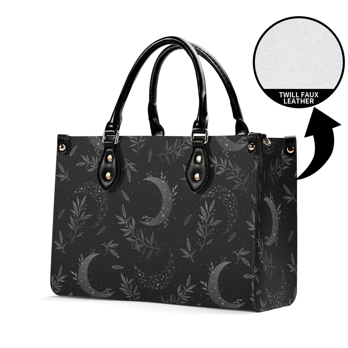 Crescent Moon Botanical Handbag, Black Leaf Print Crossbody Purse