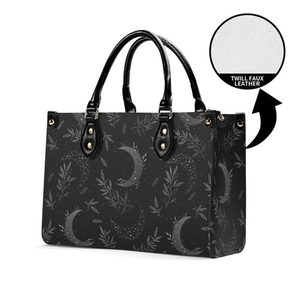 Crescent Moon Botanical Handbag, Black Leaf Print Crossbody Purse
