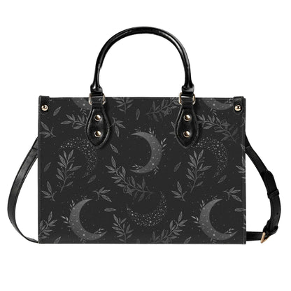Crescent Moon Botanical Handbag, Black Leaf Print Crossbody Purse