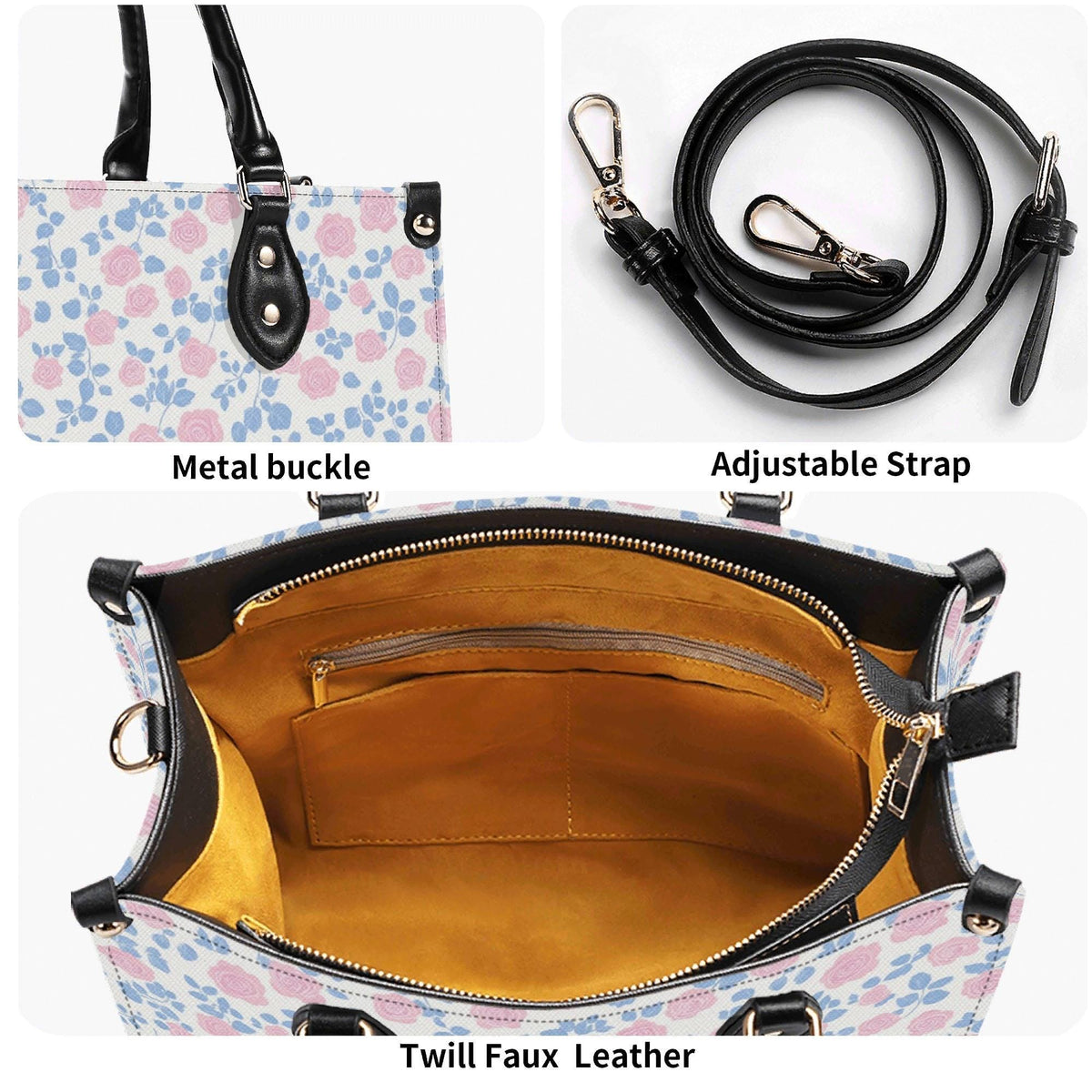 Romantic Ditsy Floral Handbag with Pink and Blue Blossoms and Crossbody Strap