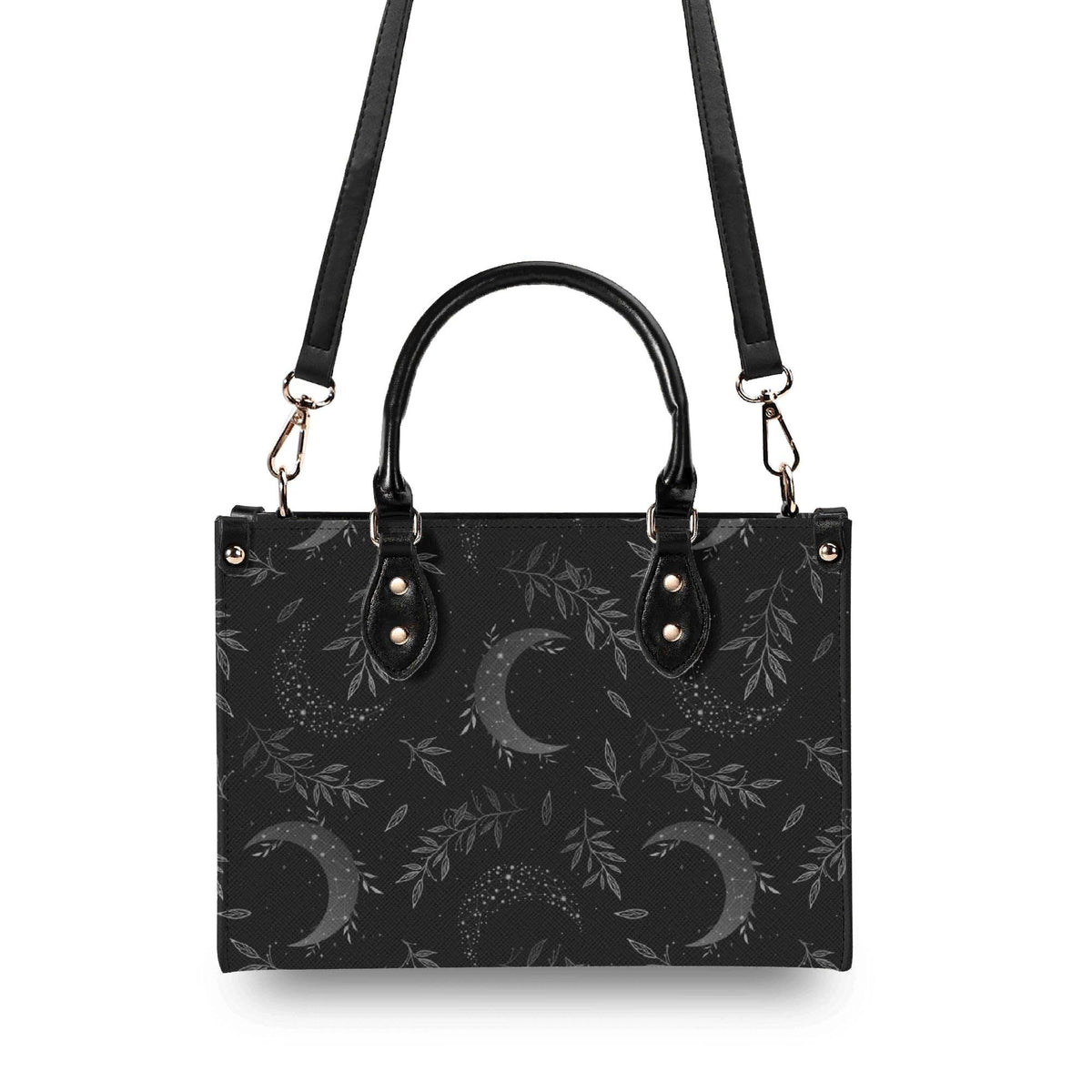 Crescent Moon Botanical Handbag, Black Leaf Print Crossbody Purse