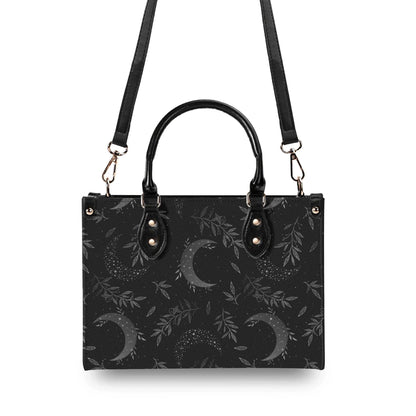 Crescent Moon Botanical Handbag, Black Leaf Print Crossbody Purse