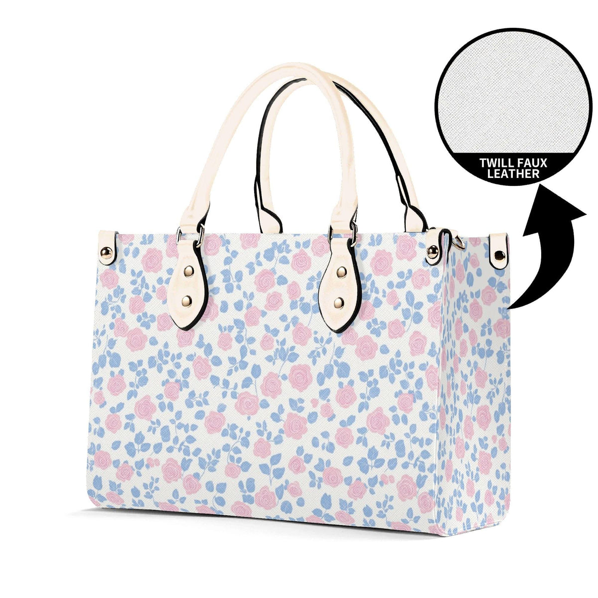Romantic Ditsy Floral Handbag with Pink and Blue Blossoms and Crossbody Strap
