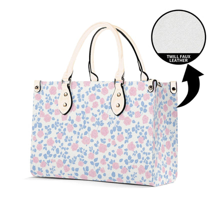 Romantic Ditsy Floral Handbag with Pink and Blue Blossoms and Crossbody Strap